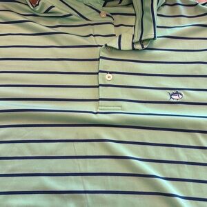 Southern Tide Mint Green and Navy Striped Polo Shirt